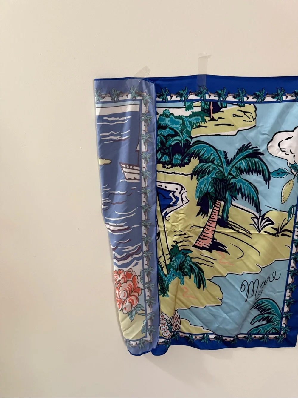 Tropical Island Print Silk Scarf in Blue and Teal